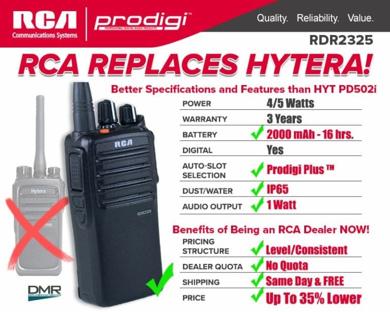 Comparing the RCA RDR2325 2Way Radio to the Hytera PD502iRCA