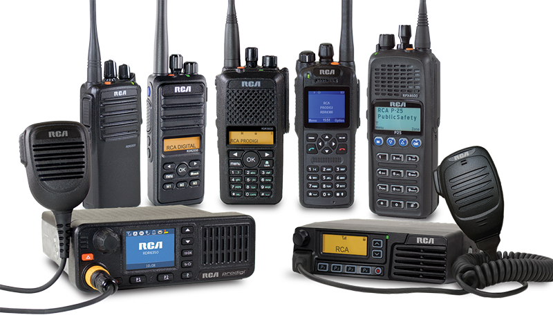 An RCA lineup of handheld and mobile two-way radios.