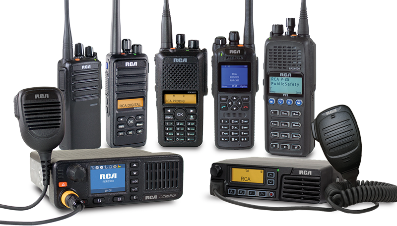 An RCA lineup of handheld and mobile two-way radios.