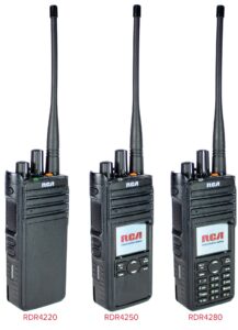 Side-by-side comparison of the RDR4220, RDR4250, and RDR4280 handheld two-way radios.