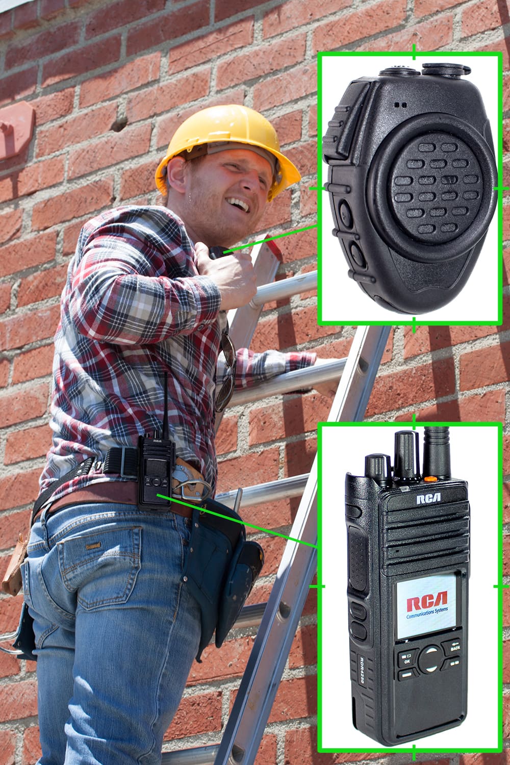 A construction worker on a ladder uses an RCA wireless mic paired with a wireless two-way radio to talk with a team member.