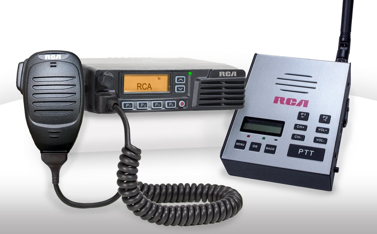 A BRM300D mobile two-way radio is set beside an RDR2750 five-watt compact base station.