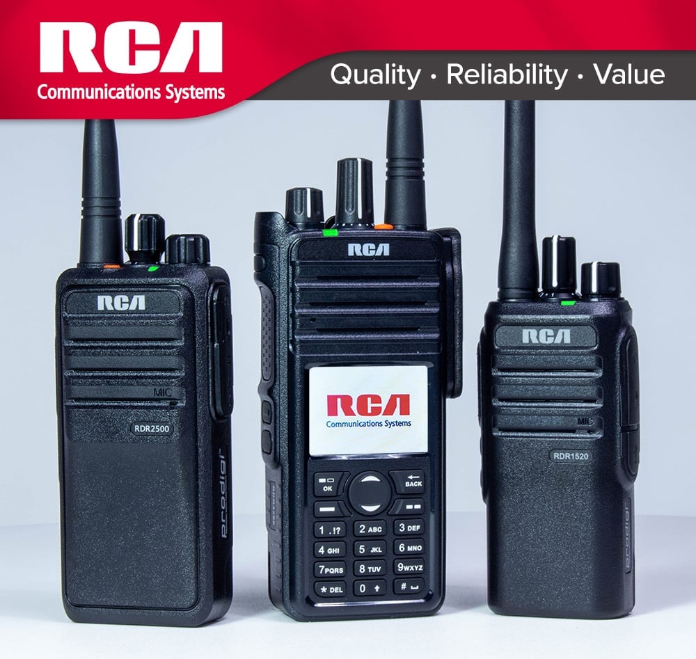 A collection of RCA portable two-way radios — including the RDR2500, RDR4280, and RDR1520 — are arranged beneath the RCA logo and banner.