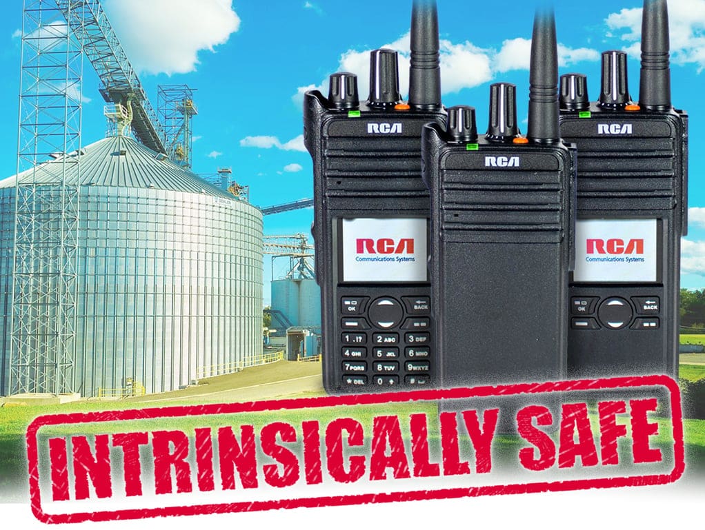 Three models from the RDR4200 series — all IP67 2-way radios — are displayed next to a grain silo and the label, "Intrinsically Safe."