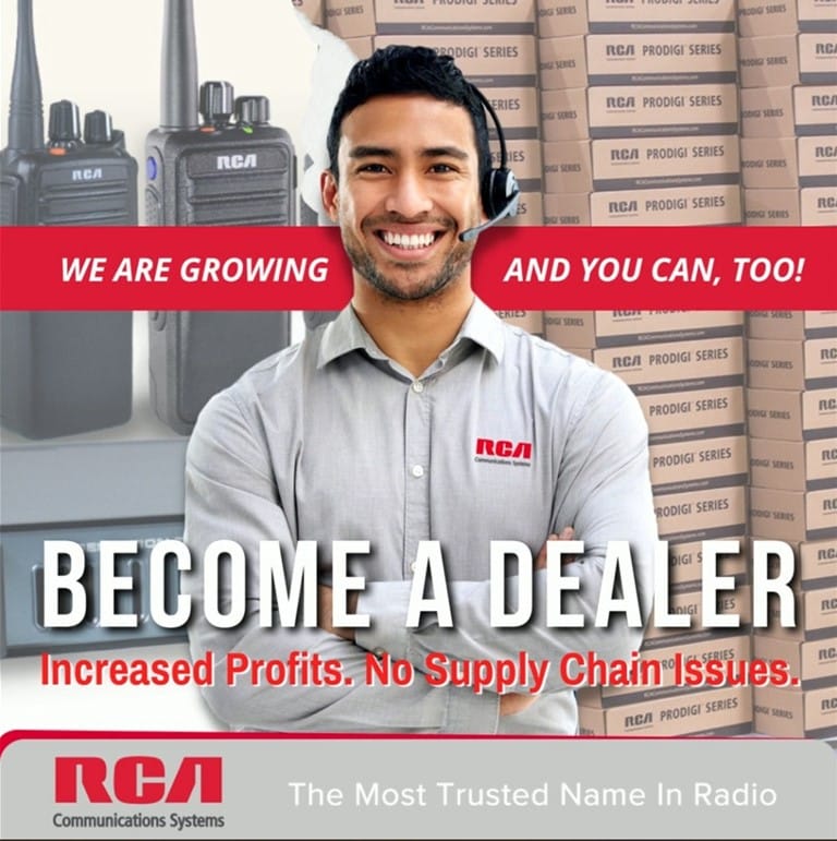 Two-way radio supplier concept: an RCA rep smiles and folds their arms while standing in front of boxed and unboxed portable two-way radios. A tagline reads, "We Are Growing and You Can, Too! Become a Dealer."
