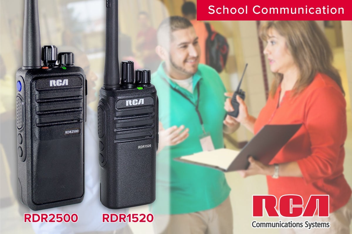 RCA radios for schools include the RDR2500 and RDR1520 handheld, displayed next to two administrators talking in a hallway.