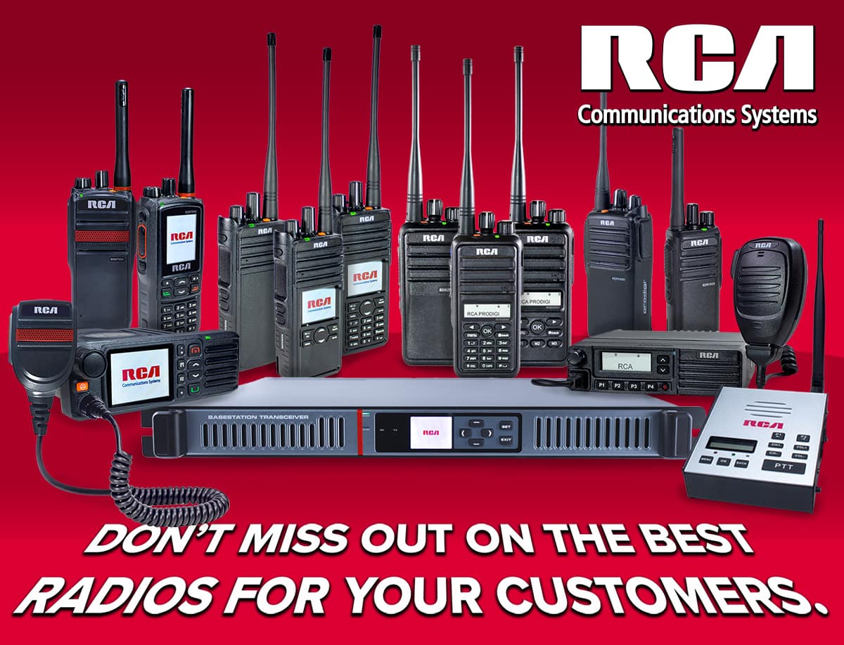 A full lineup of RCA radio models include ten portables, two mobiles, one repeater, and one compact base station. Text reads, "Don't Miss Out on the Best Radios for Your Customers."
