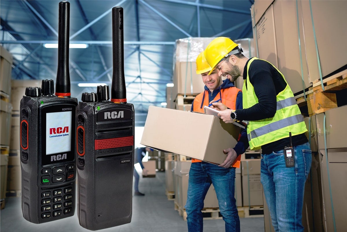 Both an RDR7350 and an RDR7550 handheld 2-way radio are displayed next to two warehouse workers handling a package.