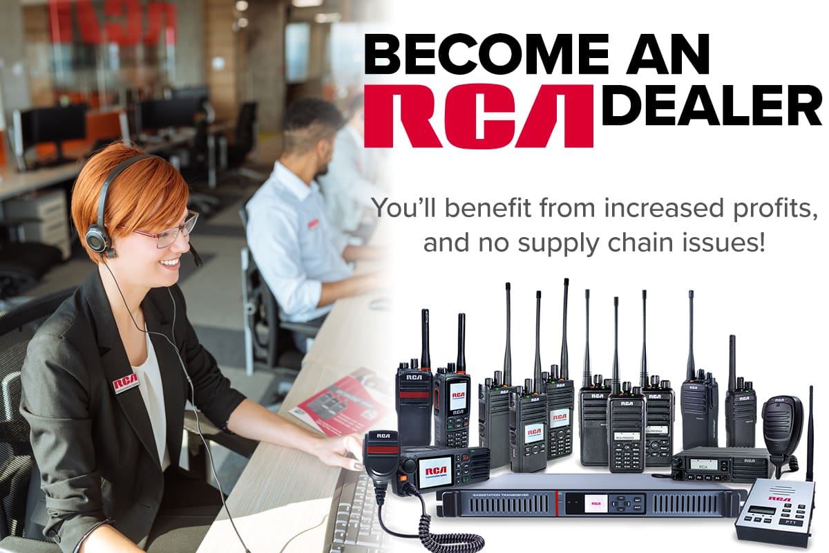 A composite image shows an RCA call center rep discussing a two-way radio equipment purchase with a dealer, next to a lineup of RCA two-way radios that includes handhelds, mobiles, a compact base station, and a repeater.