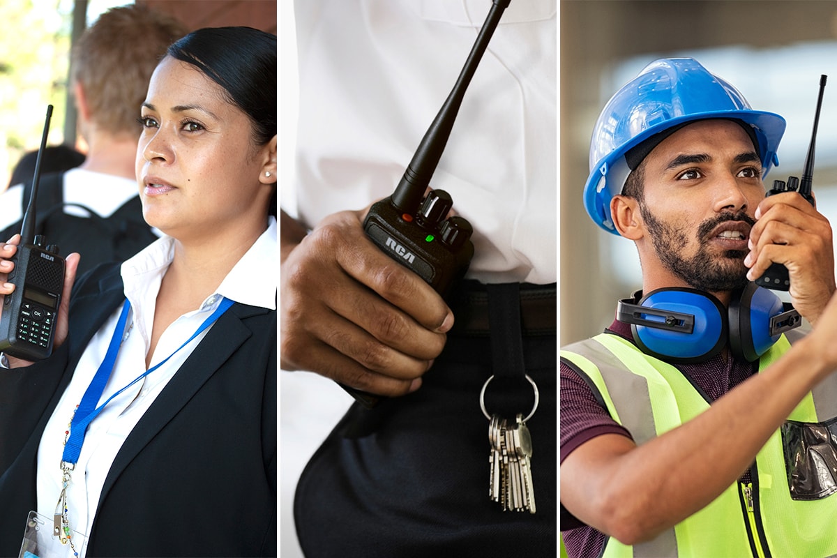 Three examples of RCA commercial radios include a school administrator, a security guard, and a construction worker.