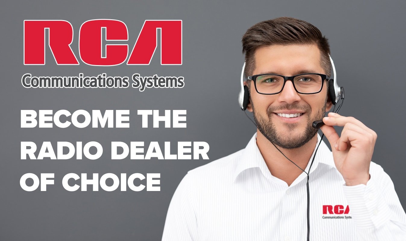 Headshot of a smiling RCA dealer rep wearing a headset. Promotional text reads, Become the Radio Dealer of Choice.